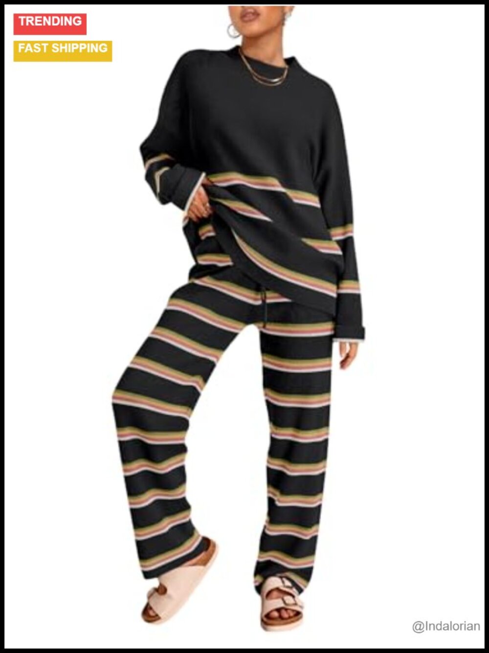 Striped 2 Piece Sweater Lounge Set Batwing Sleeve Wide Leg Pants